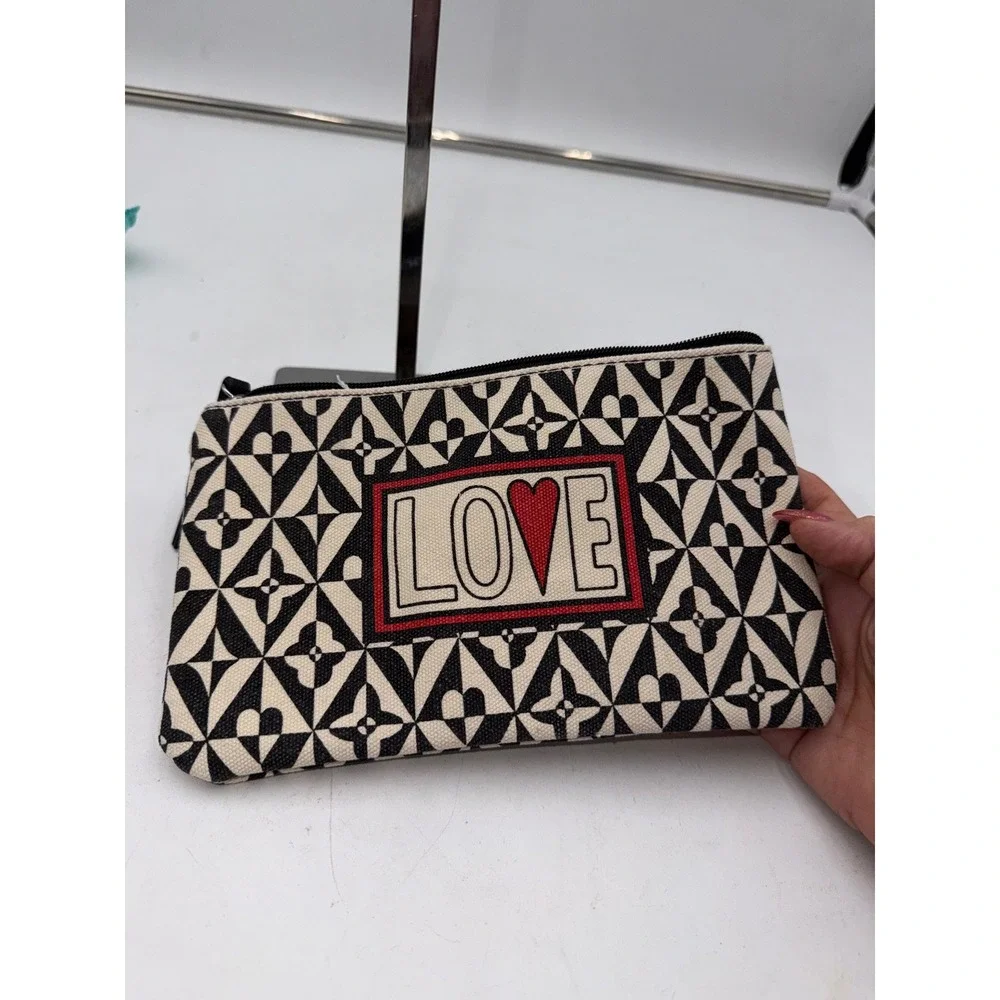 Brighton LOVE Heart Geometric Canvas Zipper Pouch Cosmetic Bag Black Cream Red